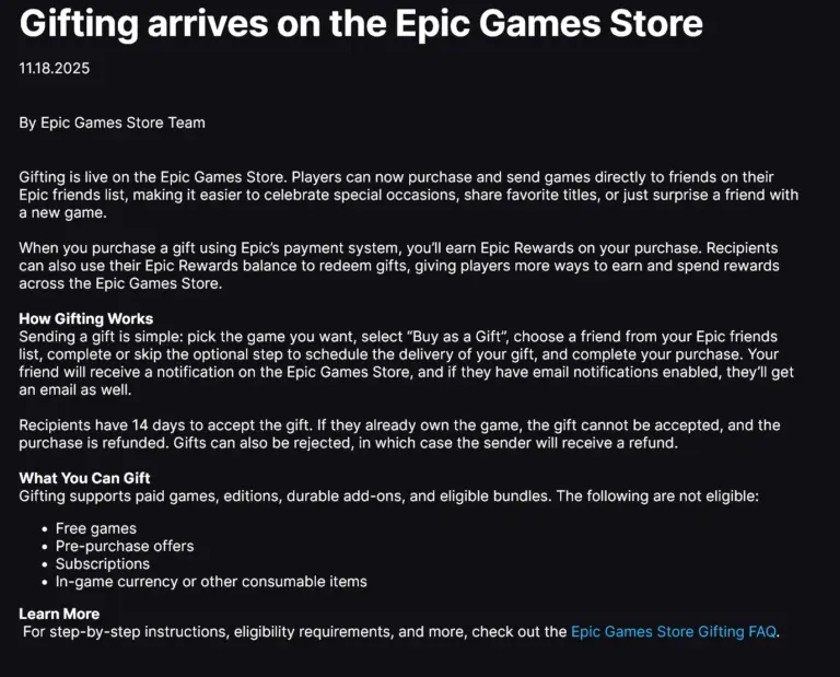 Epic adds game gifting to Epic Games Store